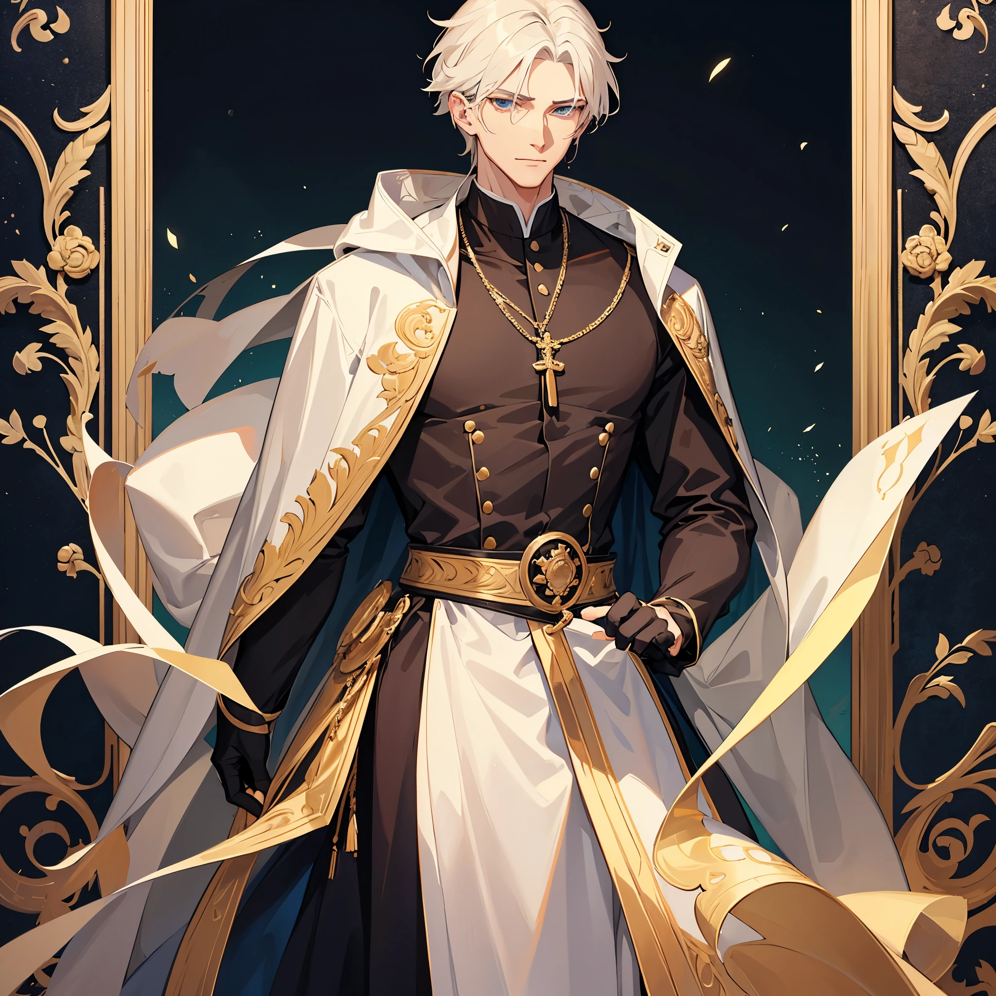 Introduce father james and appearance
James is a tall, broad-shouldered man in his late thirties. James is an impressive sight, His short, blond hair is stylishly messy, falling just below his ears. His angular jaw, prominent cheekbones, and straight nose add to his handsome features. His fair skin is a perfect canvas for the piercing sapphire blue of his eyes, which shine with intelligence and kindness. He is always dressed in practical yet stylish clothes that accentuate his toned figure, like today's attire, his frame is further enhanced by the robes of the monastery.