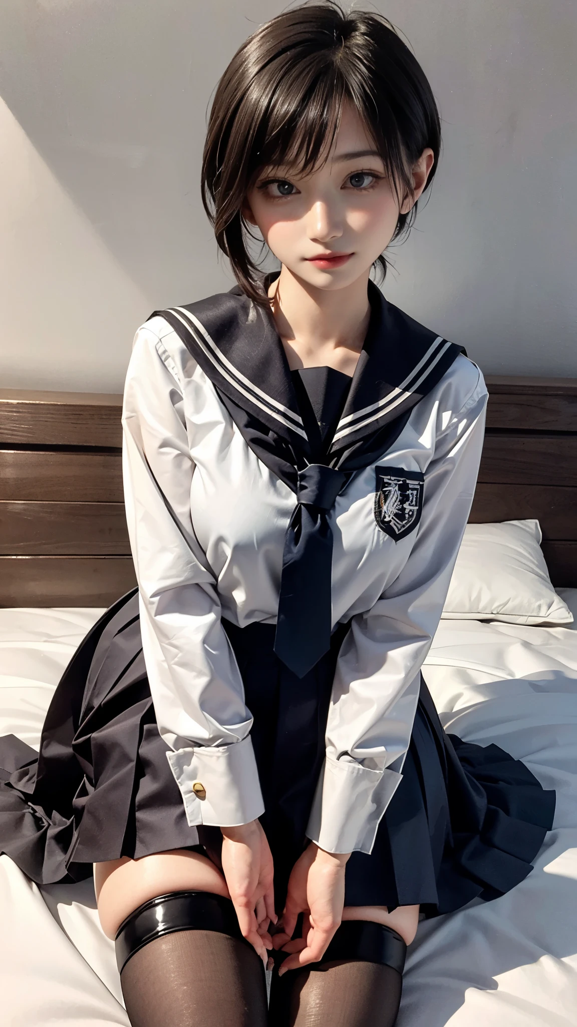 1 adult, masterpiece, high resolution、Beautiful Skin、highest quality, girl, beautiful, Outstanding Features, View your viewers, Light from above, black seifuku, Black Stockings, In her room, ((looks friendly)), ((very pretty)), Very cute, Colored contact lenses　eyes, pixie short hair、Blonde, Thick thighs, Lying in bed, beautiful body, goddess, sexy、Big Breasts、(High School Girls Uniforms:1.5)