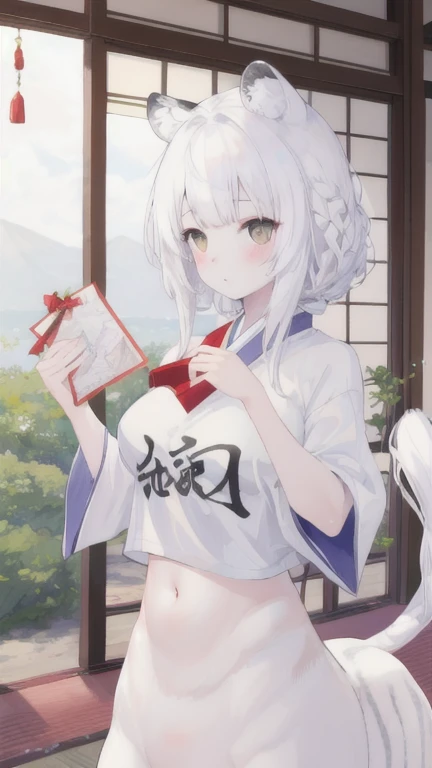 (best quality, masterpiece), 1 girl, centaur, It takes,White skin, Japanese , belly button t-shirt, 아름다운 소녀 perfect white tiger photo, perfect white tiger photo