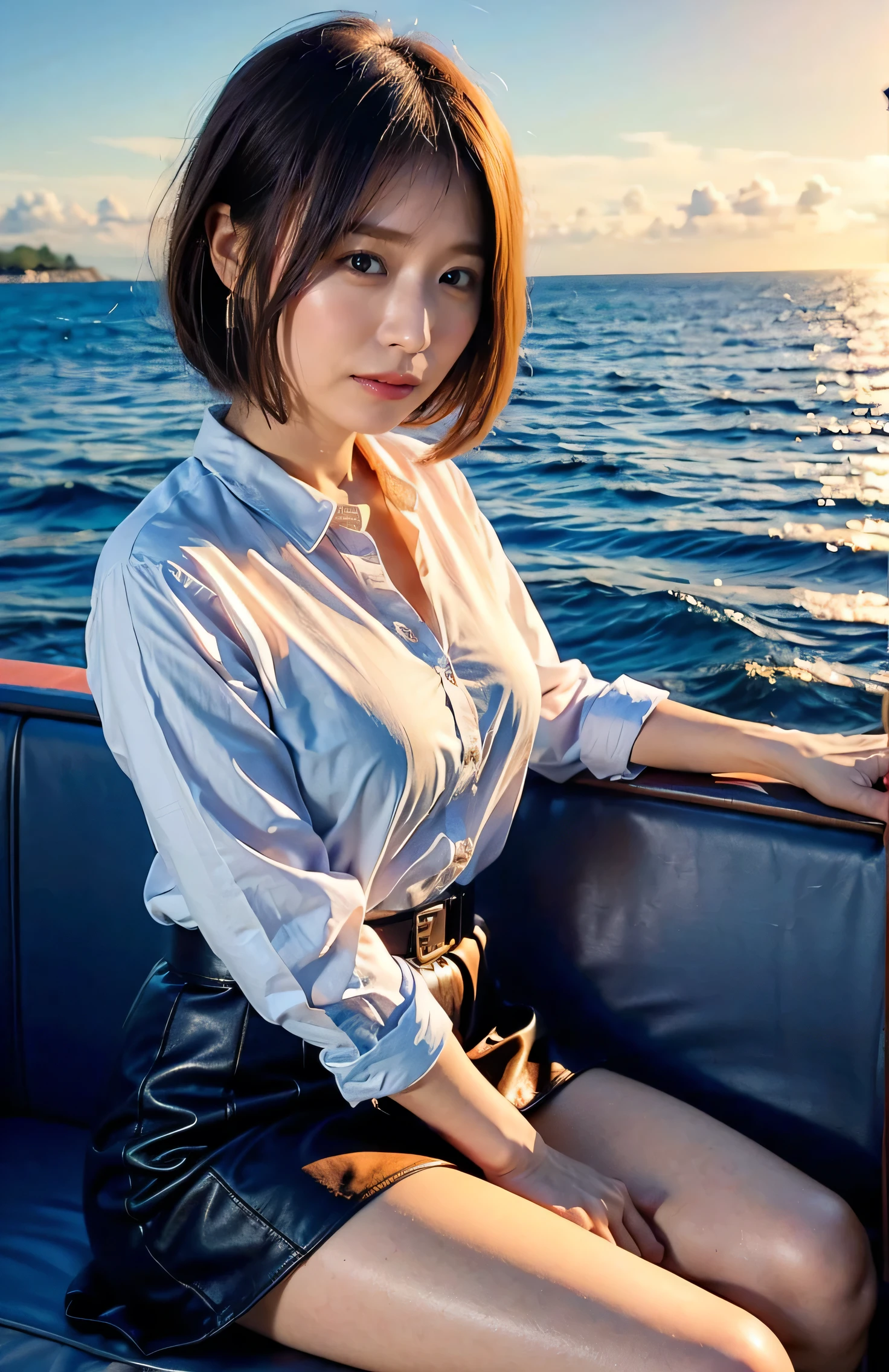 Blue Eyed Woman、A woman with a cute upward gaze、When the sky gets dark、When the sun goes down the sky turns red、Tight clothing that shows your body lines、His shirt collar is obscenely open、Gorgeous white collared silk shirt and brown skirt、High quality genuine leather strap、Dress elegantly着こなす、Luxury Bags、、((short hair:1.4))、Skyscrapers seen across the sea、Manhattan Island is visible offshore、Woman on a sightseeing boat、Side Ponytail、The sun shines on her、Sleeveless、Light brown hair、Light brown hair、The sky was dyed red、There are clouds、It's cute、An elegantly dressed woman is sitting on a boat and watching the sunset、Her huge breasts are obvious even through her clothes....、輝く太陽はとてもbeautiful、Dusk is approaching、Lens flare、I can see the sun setting、((Sunlight reflecting off the ocean、Ocean View、The sun shines on the ocean、'beautiful.、Small earrings、It'evening、Birds are also flying、、Brown Hair Color、Tying up hair、The woman is on the right:1.4))、Luxury Leather Belts、Shiny clothes、Light beige hair color、Background Blur、Braid only the front hair、Light brown hair、{{Cowgirl Shot}}、((Close-up shot from the waist up、Big Breasts:1.4))、Big Breasts、にっこりsmile、Silk clothing、服からでも分かるBig Breasts、Braid only the front hair、Cowboy Shot、Gorgeous white collared silk shirt and brown skirt、Dress elegantly、Luxury Bags、素敵なsmile、((Airplane in the background、I'Coming to the airport))、Full body photo、ring、Short skirt、Tuck your hair behind one ear、Silver Necklace、smile、 Elegant ponytail、Caustics、Highly detailed photos、とても美しく理想的なshort hair、Big Breasts、Super no makeup、(8k、RAW Photos、Highest quality、masterpiece:1.2)、(Realistic、Realistic)、1 girl、((Big Breastsshort hair、Looking into the camera:1.4))、Hair blowing in the wind