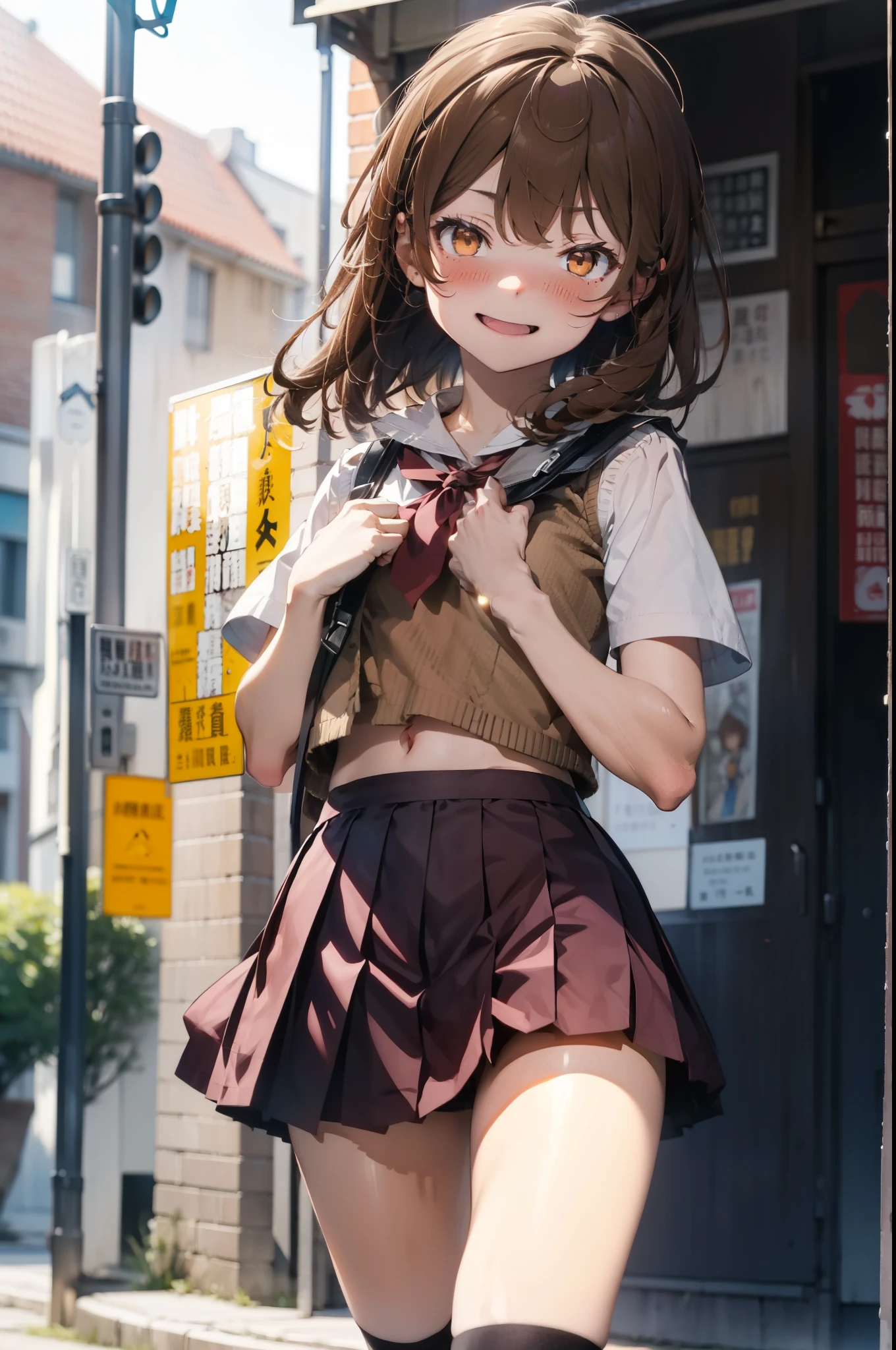 Lililukarde, Liliruka gets burned,  (Brown eyes:1.7), Brown Hair, (Flat Chest:1.2), short hair,break happy smile, smile, Open your mouth,skirt, shirt, Short sleeve, white shirt, Pleated skirt, Black knee socks,Brown loafers, 黒のPleated skirt,  Sweater vest, (brown Sweater vest:1.5),morning,morning陽,The sun is rising,whole bodyがイラストに入るように,walking,
break looking at viewer,whole body,
break outdoors, In town,Building district,
break (masterpiece:1.2), highest quality, High resolution, unity 8k wallpaper, (figure:0.8), (Beautiful fine details:1.6), Highly detailed face, Perfect lighting, Highly detailed CG, (Perfect hands, Perfect Anatomy),
