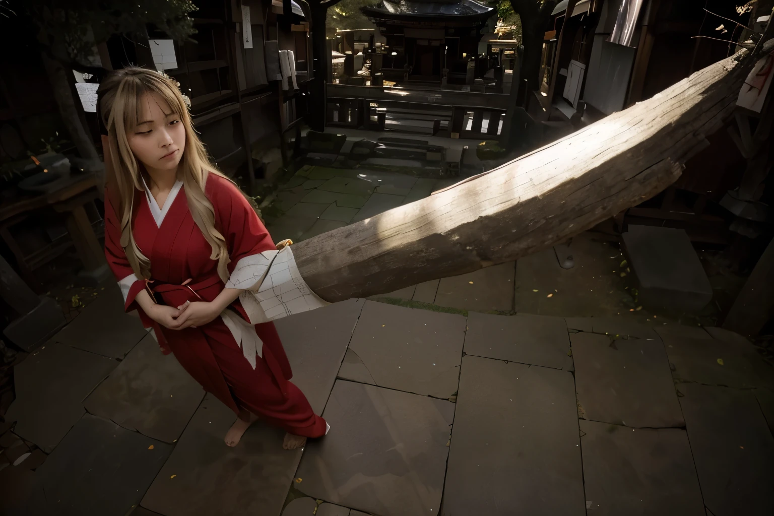 (Best quality, 8k, 32k, Masterpiece, UHD:1.2) "Imagine the serene and spiritually rich setting of the Higurashi Shrine from the world of InuYasha. Describe a traditional Shinto shrine situated in the heart of modern Tokyo, yet exuding an aura of ancient mystery and tranquility. The shrine grounds are meticulously maintained, with stone pathways leading to various shrine buildings, including the main hall, smaller auxiliary shrines, and the family's living quarters.
At the center of the shrine complex stands the Sacred Tree, or Goshinboku, a towering and majestic tree with an ancient, gnarled trunk and wide-spreading branches. The tree is a living relic, its bark bearing the scars of time, including the mark where InuYasha was once pinned by Kikyo’s sacred arrow. Its leaves rustle gently in the breeze, creating a soothing, whispering sound that adds to the shrine's tranquil atmosphere.
Describe the contrast between the bustling city life outside the shrine and the peaceful, almost timeless quality within its grounds. The shrine is a sanctuary where visitors come to pray, make offerings, and seek blessings. Kagome Higurashi, the shrine maiden, tends to the shrine with her family, performing traditional rituals and maintaining the sacred spaces.
Highlight the significance of the Bone-Eater's Well, a key feature within the shrine grounds. This ancient well, covered by a simple wooden structure, serves as a mysterious portal between the modern era and the feudal past. The area around the well is often bathed in a soft, ethereal light, hinting at its magical properties.
Describe the daily life at the Higurashi Shrine, focusing on Kagome's interactions with her family and the visitors who come to seek solace and guidance. Emphasize the spiritual significance of the Sacred Tree (Goshinboku) as a symbol of enduring strength and connection between the past and present, and its role in Kagome's journey between the two worlds."