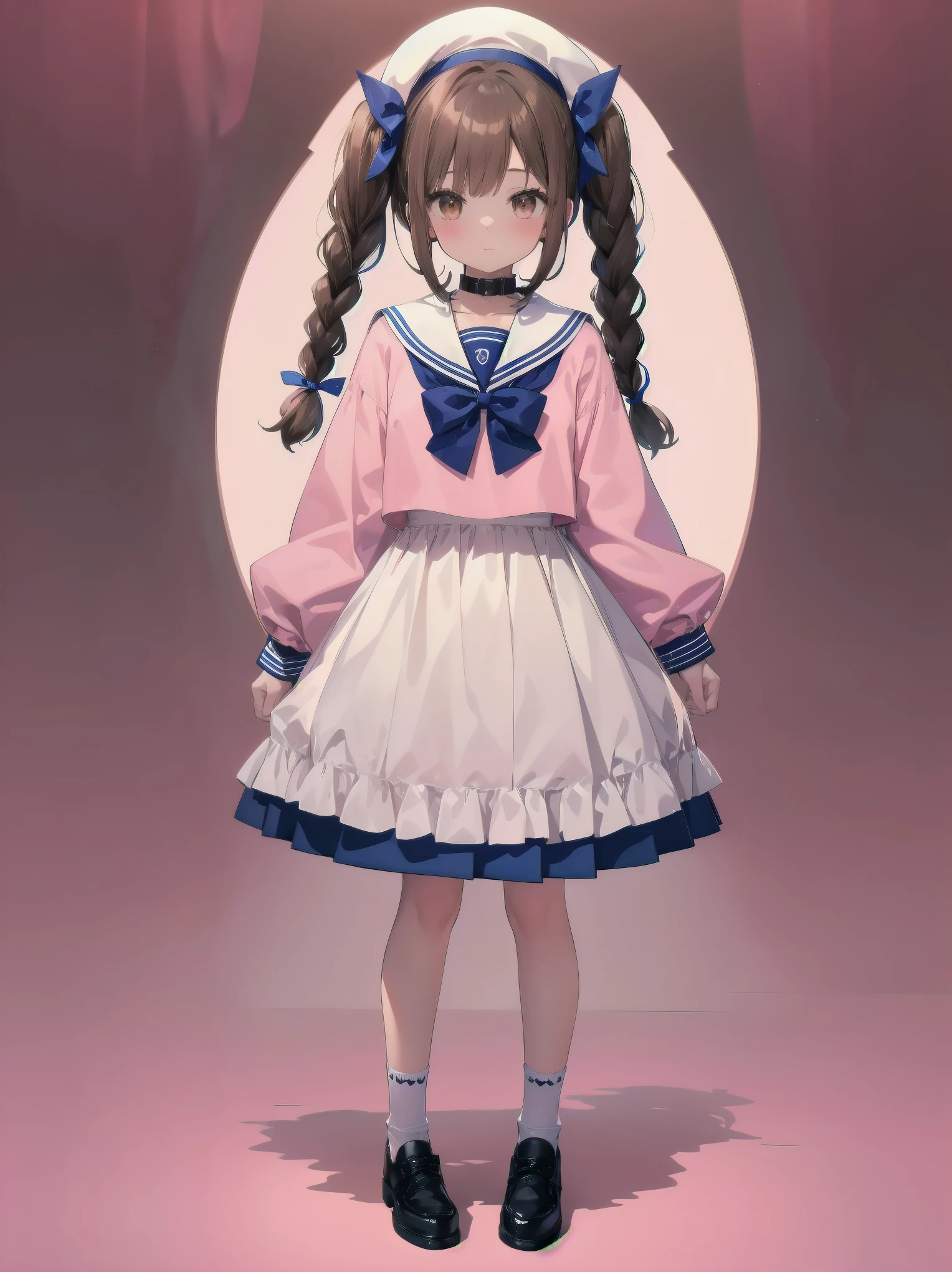 1girl, solo, looking at viewer, skirt, brown hair, shirt, long sleeves, bow, twintails, brown eyes, , full body, shoes, socks, sailor collar, black footwear, twin braids, cosplay, blue bow, white socks, pink skirt, photo background, pink sailor collar