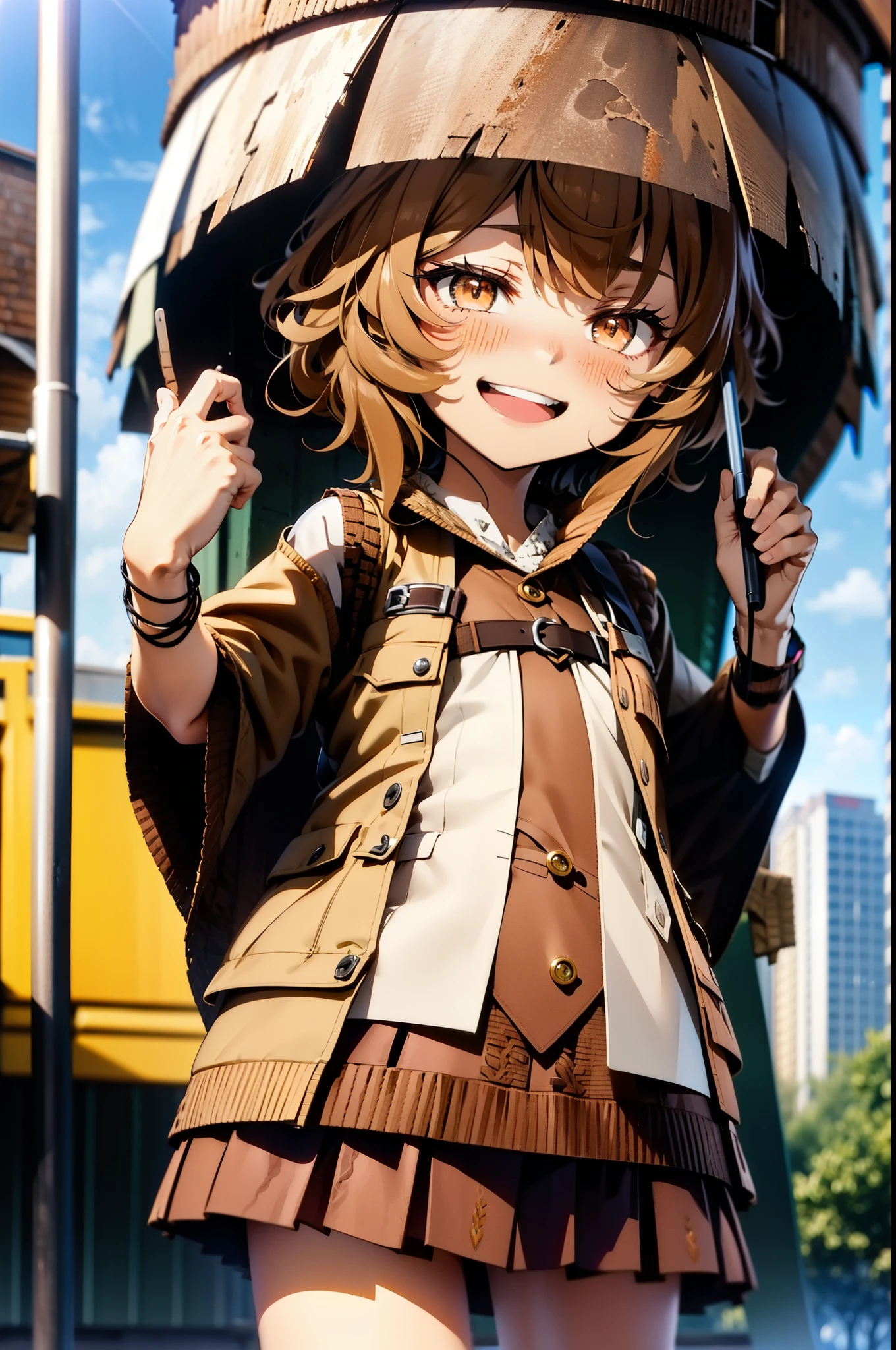 Lililukarde, Liliruka gets burned, (Brown eyes:1.7), Brown Hair, (Flat Chest:1.2), short hair,break happy smile, smile, Open your mouth,skirt, shirt, Short sleeve, white shirt, Pleated skirt, Black knee socks,Brown loafers, 黒のPleated skirt, Sweater vest, (brown Sweater vest:1.5),morning,morning陽,The sun is rising,whole bodyがイラストに入るように,walking,
break looking at viewer,whole body,
break outdoors, In town,Building district,
break (masterpiece:1.2), highest quality, High resolution, unity 8k wallpaper, (figure:0.8), (Beautiful fine details:1.6), Highly detailed face, Perfect lighting, Highly detailed CG, (Perfect hands, Perfect Anatomy),