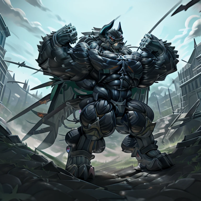 (gigantic muscles), 8K, Masterpiece, highres, Detailed head, Detailed Body, full body, Detailed abs, wearing crNanosuit, big muscle (pecs, triceps, traps) unusually developed muscular body, body full of huge muscles. pectorales enormes. Exaggeratedly huge muscles. Gigachad Muscular, gigantic muscles, Colossal giant NANOSUIT over a battlefield, The claws are sharp, Sharp teeth, Spread wings, have big wings. black wings, nj5furry, Animal paws, castle, black visor, demon lord dragon batzz, 
battlefield