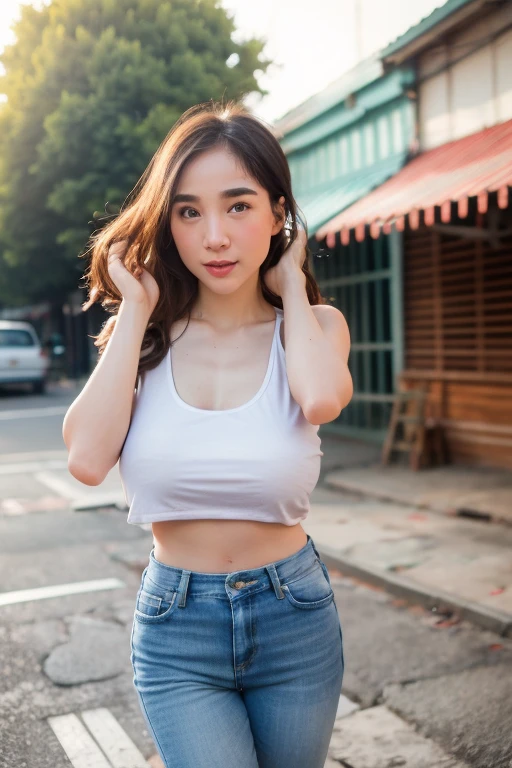 Beautiful girl, beautiful figure, big breasts, white tank top, Nobra,long blue jeans, nipple visible,background is a durian shop, Hands up fixing hair.