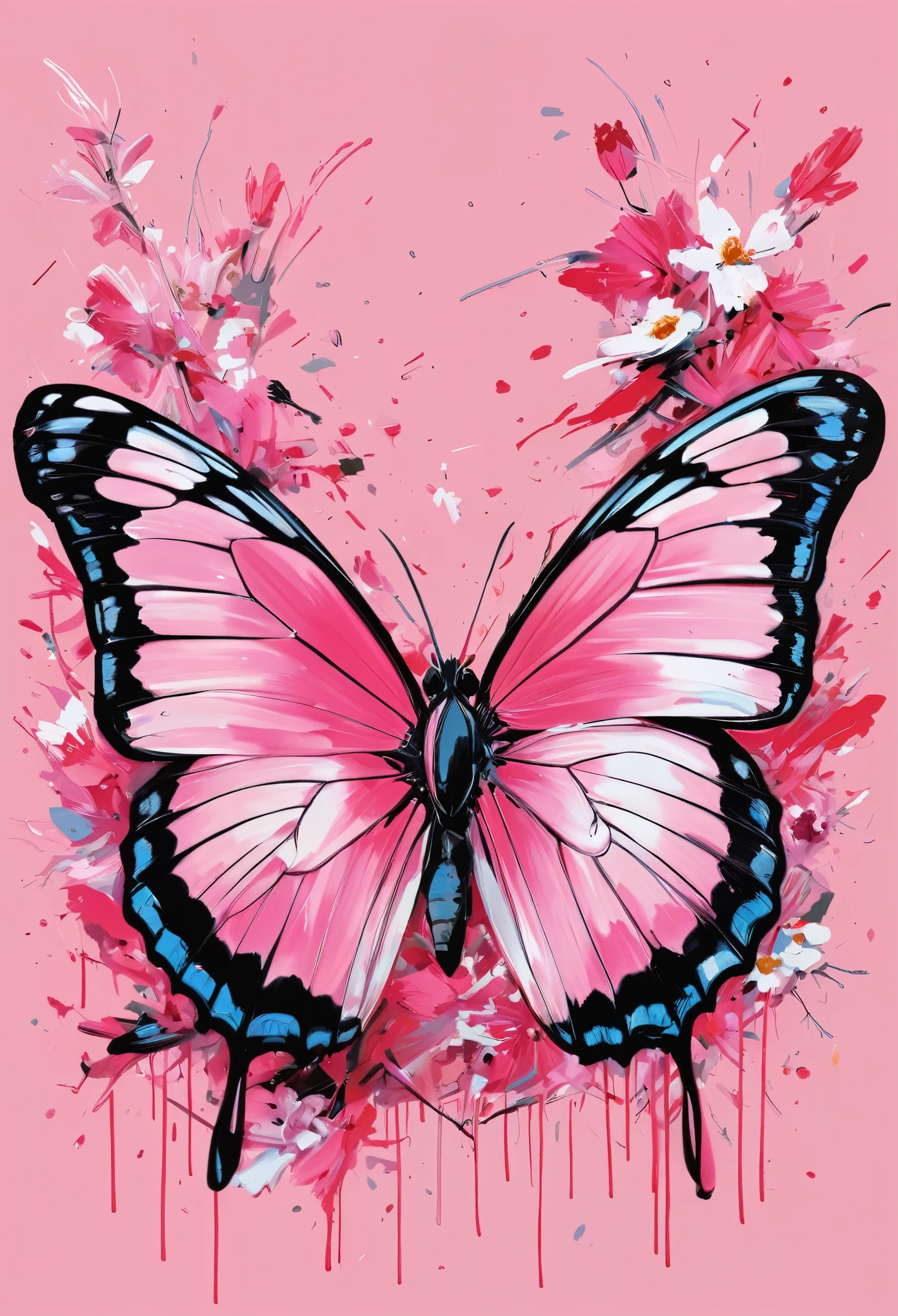 Graffiti, scribble, Comics by Petra Cortright, best quality, masterpiece, butterfly artwork, Representative work, official art, Professional, Ultra intricate detailed, 8k, butterfly art, pink background