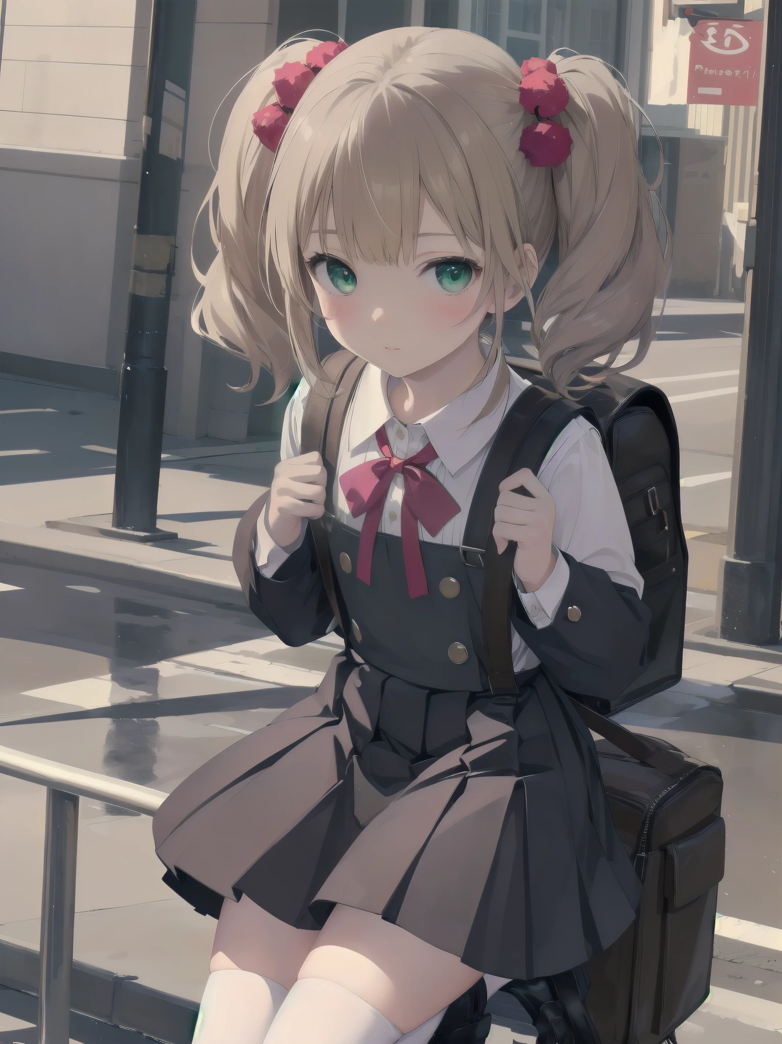 1girl,best quality,ultra-detailed,high resolution,(photorealistic, realistic, photo-realistic:1.2),(9 yo,flat chest),bangs,(smile:0.3),,shigure ui (vtuber),aged down,,backpack,bag,bangs,black dress,black footwear,blush,pom pom hair ornament,collared shirt,green eyes,kneehighs,light brown hair,loafers,long sleeves,pinafore dress,pleated dress,randoseru,red bow,,sleeveless dress,twintails,white legwear,white shirt,anime