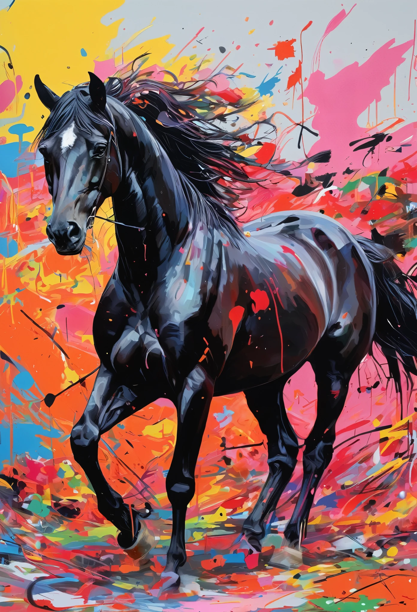 Graffiti, scribble, Comics by Petra Cortright, best quality, masterpiece, black horse artwork, Representative work, official art, Professional, Ultra intricate detailed, 8k, black horse art, colourful background