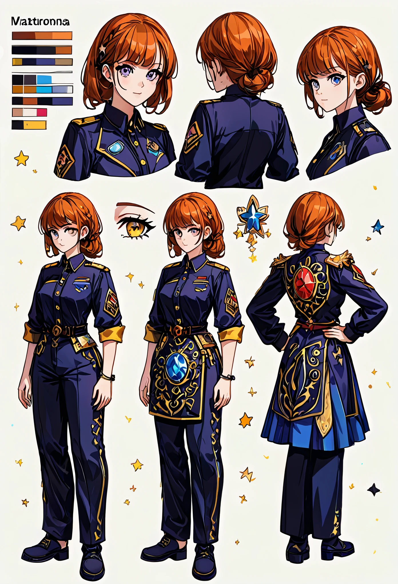 ((masterpiece)),(((best quality))),(character design sheet, same character, front, side, back), illustration, 1 girl, hair color, bangs, hairstyle fax, eyes, environment changeé scene, Hairstyle Fax, Pose Zitai, Female, Shirt Shangyi, Star, Charturnbetalora, (simple background, white background: 1.3),