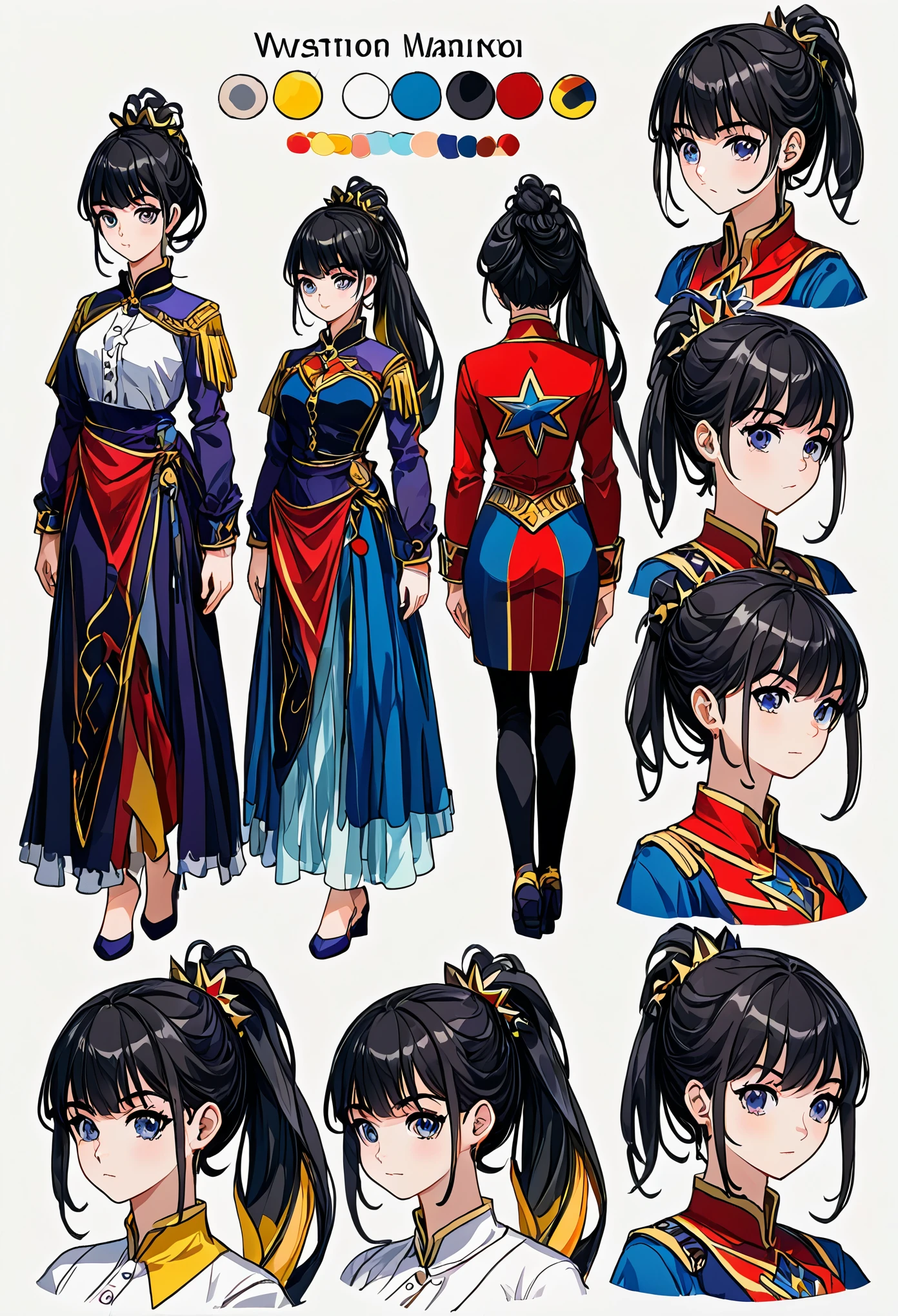 ((masterpiece)),(((best quality))),(character design sheet, same character, front, side, back), illustration, 1 girl, hair color, bangs, hairstyle fax, eyes, environment changeé scene, Hairstyle Fax, Pose Zitai, Female, Shirt Shangyi, Star, Charturnbetalora, (simple background, white background: 1.3),