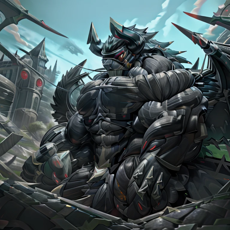 (gigantic muscles), 8K, Masterpiece, highres, Detailed head, Detailed Body, full body, Detailed abs, wearing crNanosuit, big muscle (pecs, triceps, traps) unusually developed muscular body, body full of huge muscles. pectorales enormes. Exaggeratedly huge muscles. Gigachad Muscular, gigantic muscles, Colossal giant NANOSUIT over a battlefield, The claws are sharp, Sharp teeth, Spread wings, have big wings. black wings, nj5furry, Animal paws, castle, black visor, demon lord dragon batzz,
battlefield