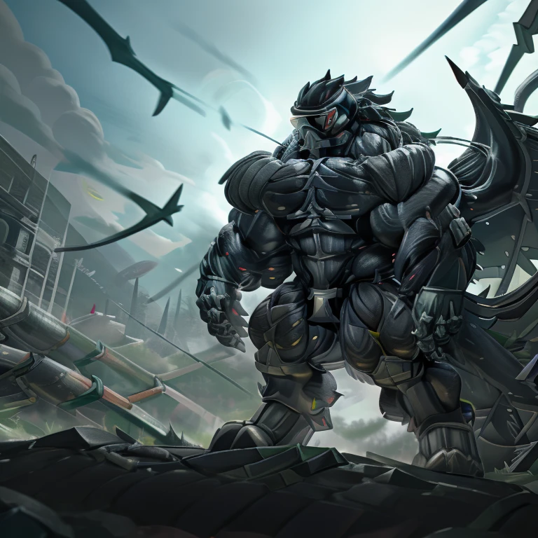 (gigantic muscles), 8K, Masterpiece, highres, Detailed head, Detailed Body, full body, Detailed abs, wearing crNanosuit, big muscle (pecs, triceps, traps) unusually developed muscular body, body full of huge muscles. pectorales enormes. Exaggeratedly huge muscles. Gigachad Muscular, gigantic muscles, Colossal giant NANOSUIT over a battlefield, The claws are sharp, Sharp teeth, Spread wings, have big wings. black wings, nj5furry, Animal paws, castle, black visor, demon lord dragon batzz, 
battlefield