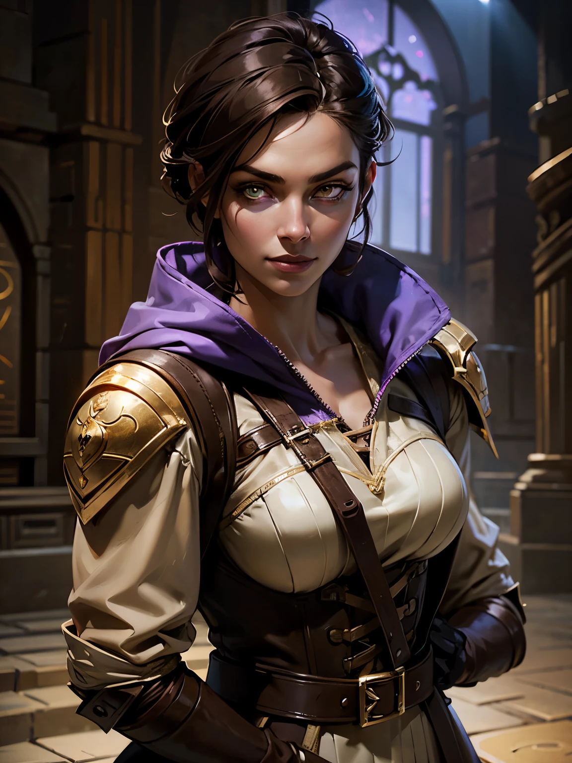 A female ranger wearing brown leathers with a purple hood, detailed gold eyes, ((gold eyes)), short  black hair swept back, hair tied back, fantasy ranger, purple hood, intense dangerous expression and smile. Detailed hands. ((Detailed eyes. Detailed face)). vibrant colors., high quality, high resolution, masterpiece, (High resolution), (high quality), (sharp focus), (best quality), cleavage. Show her facing the side  inspecting a closed door, castle ruins background, full body shot, profile view. pov from the side.