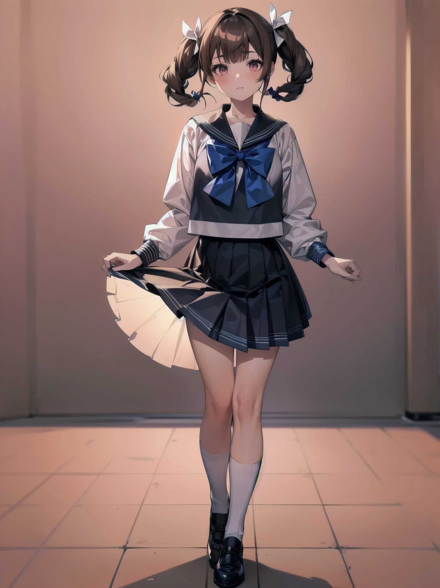1girl, solo, looking at viewer, skirt, brown hair, shirt, long sleeves, bow, twintails, brown eyes, , full body, shoes, socks, sailor collar, black footwear, twin braids, cosplay, blue bow, white socks, pink skirt, photo background, pink sailor collar