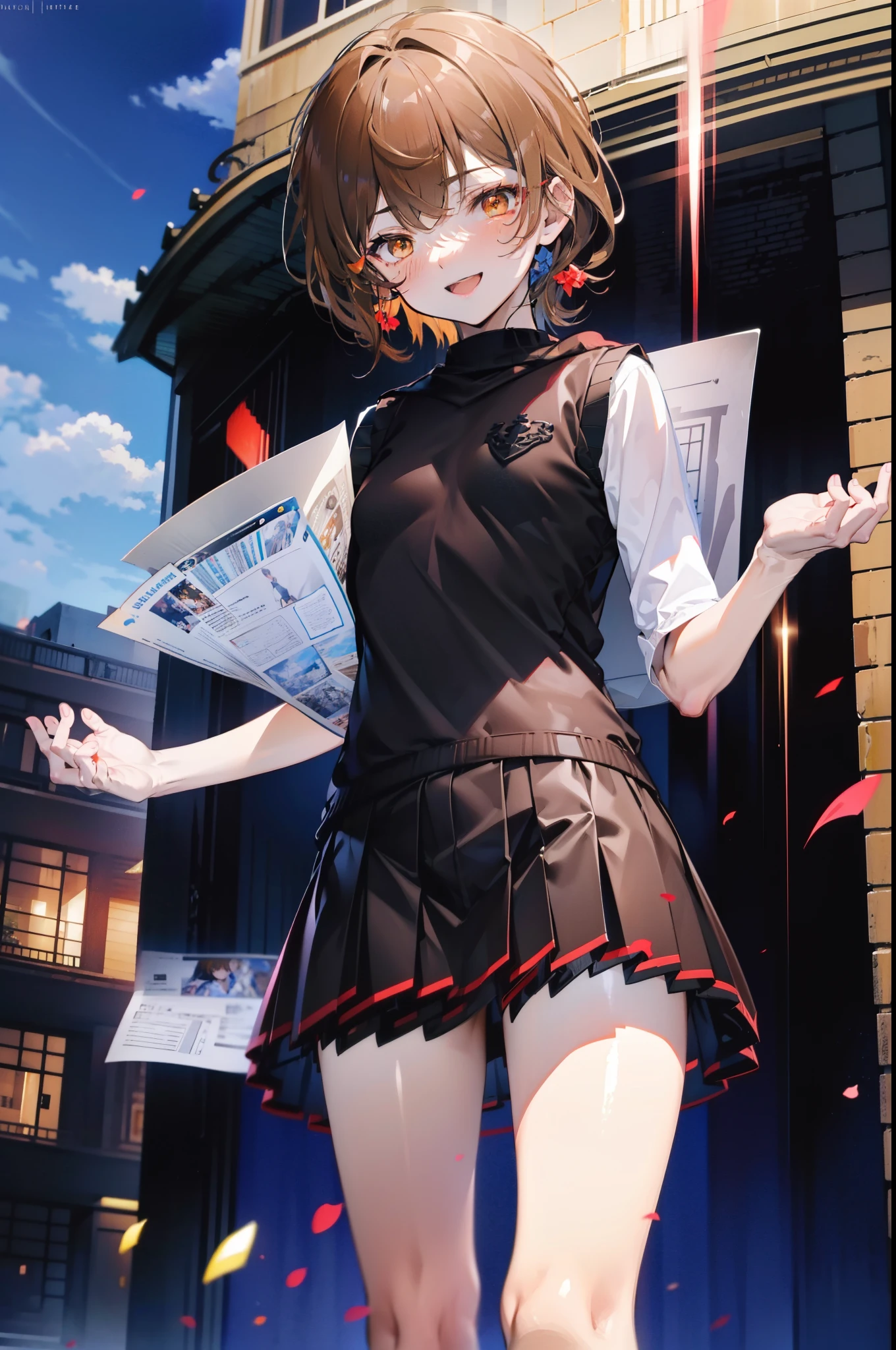 Lililukarde, Liliruka gets burned, (Brown eyes:1.7), Brown Hair, (Flat Chest:1.2), short hair,break happy smile, smile, Open your mouth,skirt, shirt, Short sleeve, white shirt, Pleated skirt, Black knee socks,Brown loafers, 黒のPleated skirt, Sweater vest, (black Sweater vest:1.5),morning,morning陽,The sun is rising,whole bodyがイラストに入るように,walking,
break looking at viewer,whole body,
break outdoors, In town,Building district,
break (masterpiece:1.2), highest quality, High resolution, unity 8k wallpaper, (figure:0.8), (Beautiful fine details:1.6), Highly detailed face, Perfect lighting, Highly detailed CG, (Perfect hands, Perfect Anatomy),