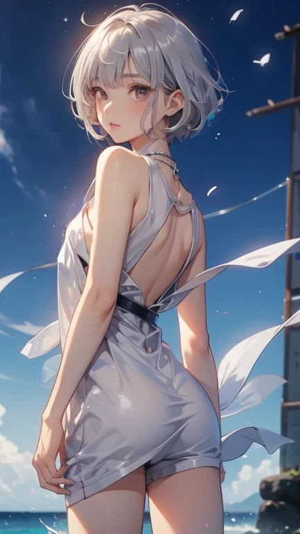((maleの子1人)),Brown eyes、17 years old、 Best image quality、Eye highlights、Thin eyebrows、((Silver Hair)),whole body、Turn around and look back、Butt、Beautiful legs、((Silver Hair,Wavy Hair,short hair,Long Bangs)),Dark brown eyes、Red cheeks、美しいjuvenile、male、male、juvenile、maleの子、barefoot、Flat chest