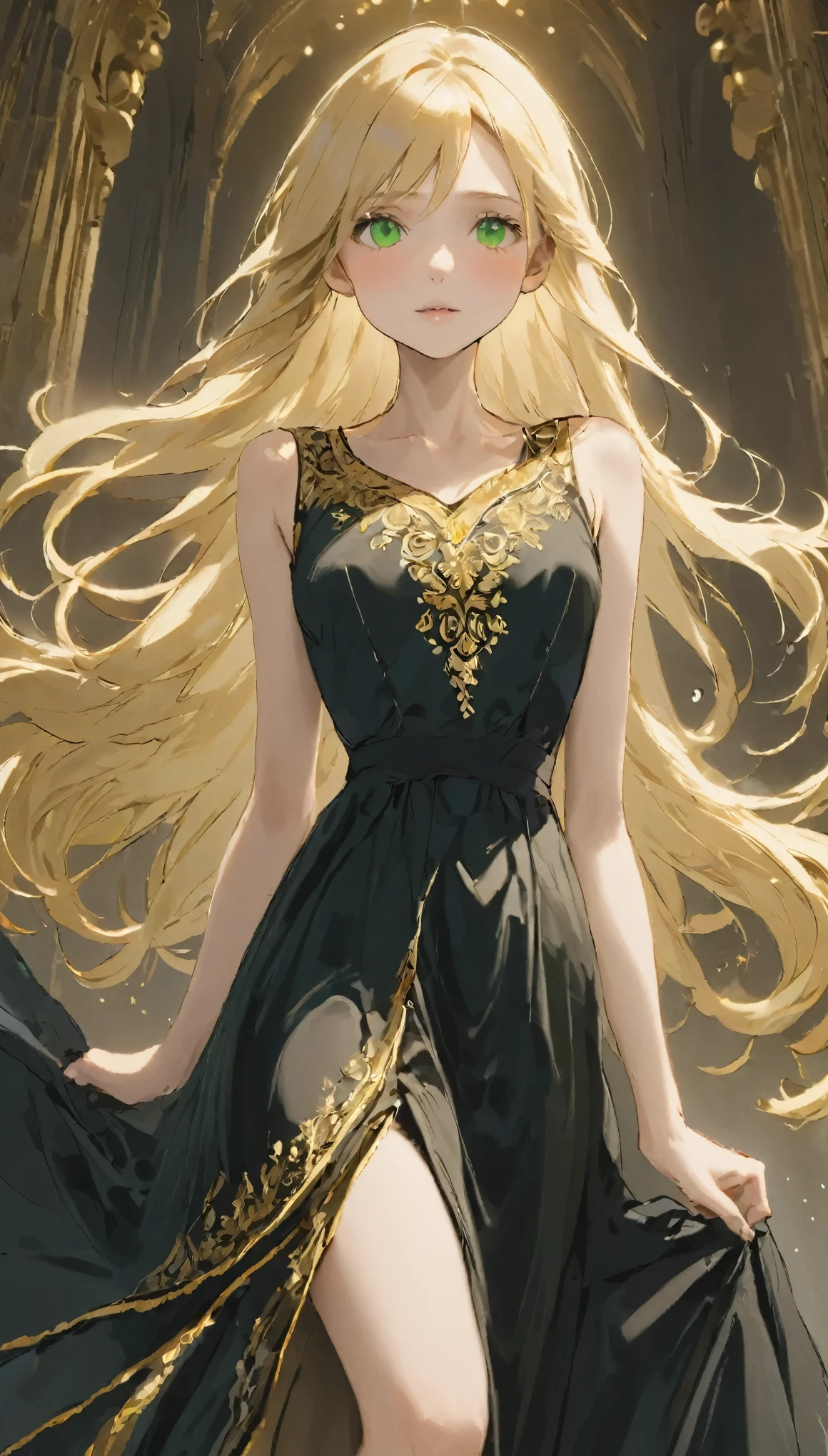 ((highest quality)), ((masterpiece)), (Familiar), Ramping,thin,thin,Long Blonde Hair,Small breasts,Nipples,Adult female,Green Eyes,Slanted Eyes,Sleeveless dress,Black Dress,Gold embroidery,Long skirt,High heels,attractive