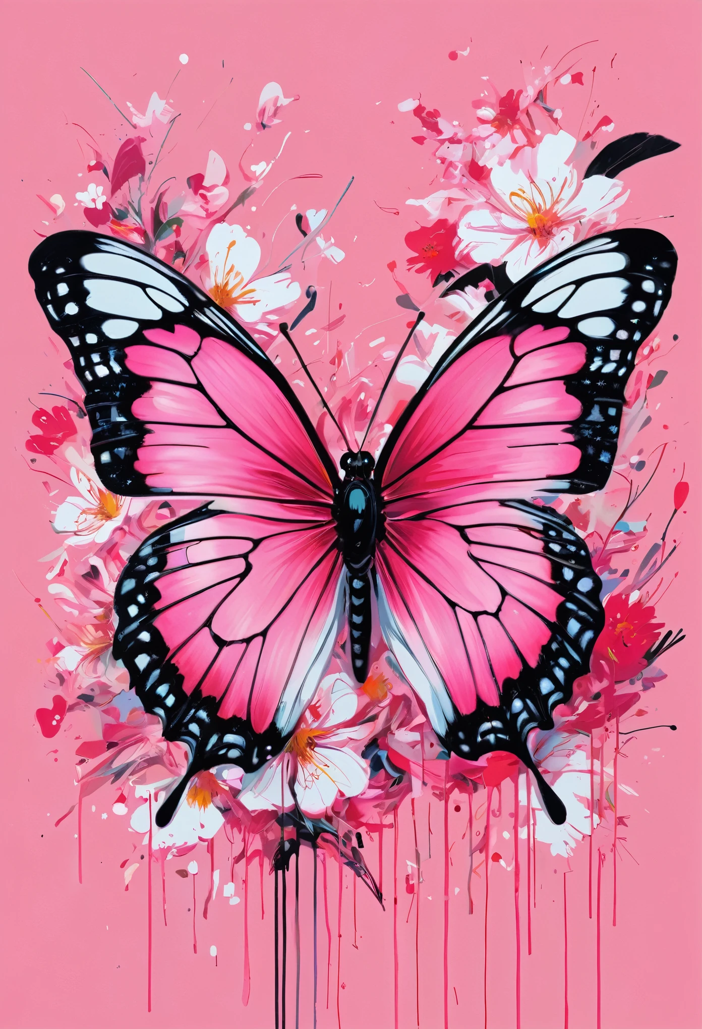 Graffiti, scribble, Comics by Petra Cortright, best quality, masterpiece, butterfly artwork, Representative work, official art, Professional, Ultra intricate detailed, 8k, butterfly art, pink background