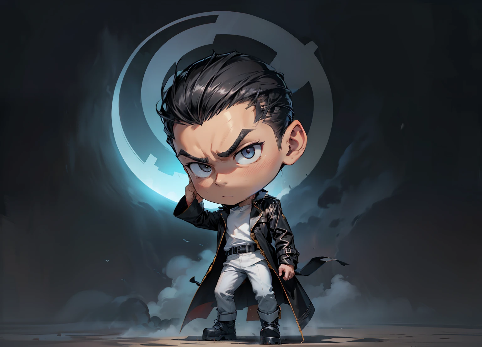 1boy, 26 Years old, Chibi, Serious face, muscular, slick back long hair, wearing ((black long lather trench coat, high collar, round neck white shirts, black trousers)), high cut boots, ((hands cross on chest)), levitate in the air, cloud, blue sky