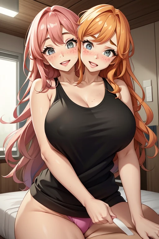 2heads, a tiny thin woman with 2 heads. She is in a bedroom at night. She is wearing a tank top and sweatpants. Huge lips, giant perky lips. She looks spunky. She looks happy, excited. She is seductive. She has long curly pink hair. She is blushing. She has freckles. Many freckles all over body. POV sex.