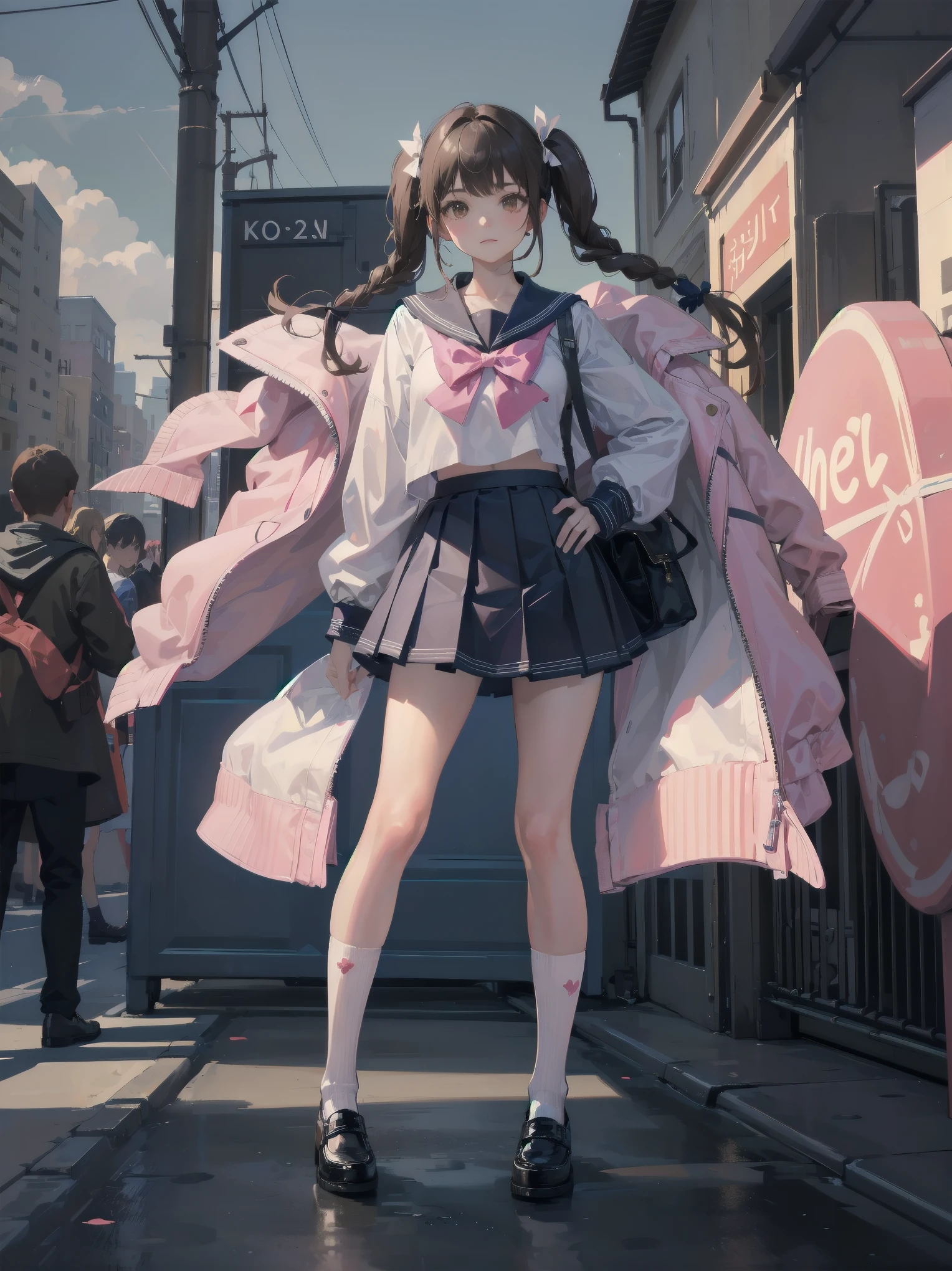 1girl, solo, looking at viewer, skirt, brown hair, shirt, long sleeves, bow, twintails, brown eyes, , full body, shoes, socks, sailor collar, black footwear, twin braids, cosplay, blue bow, white socks, pink skirt, photo background, pink sailor collar