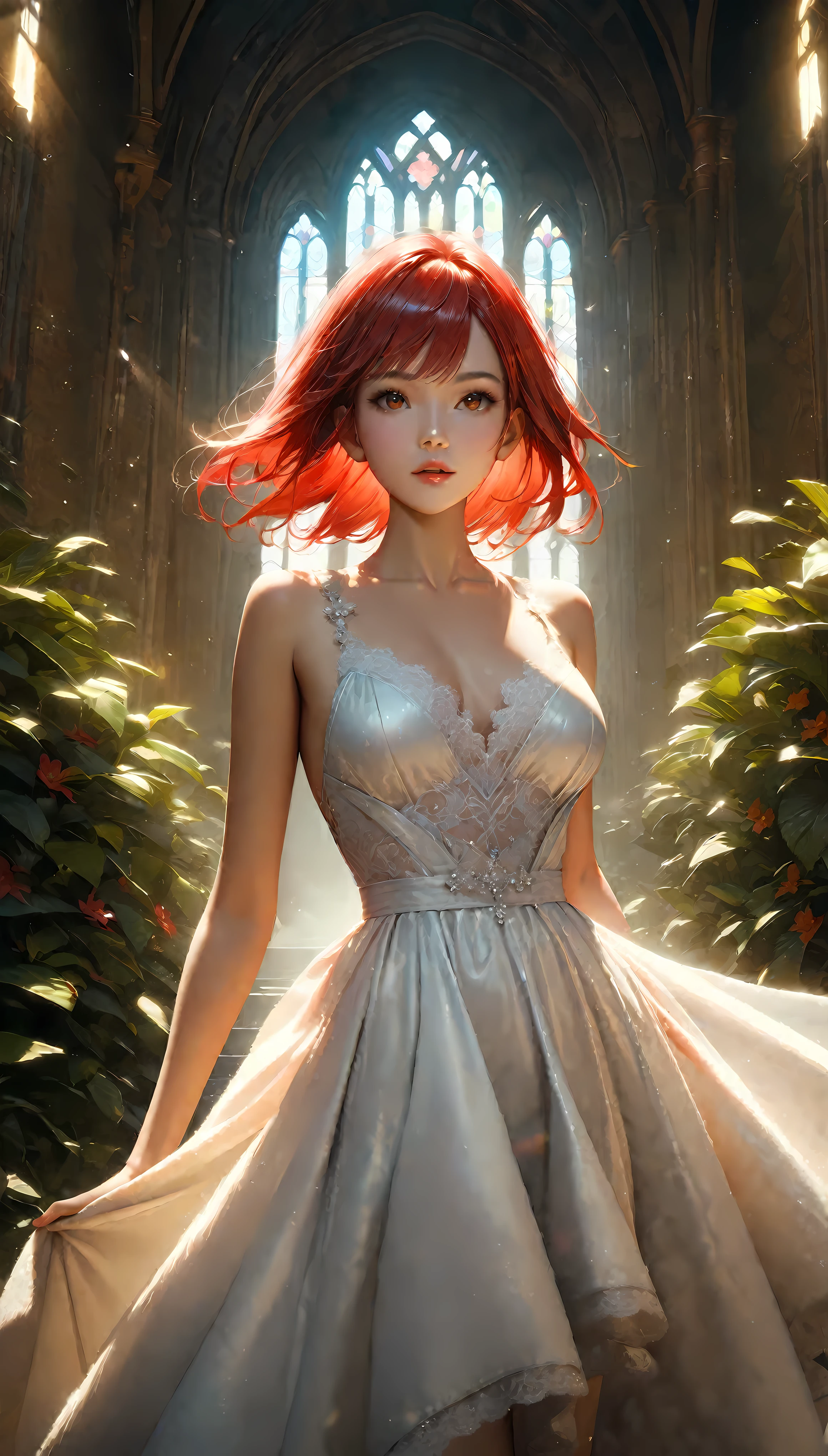 ((Masterpiece in maximum 16K resolution):1.6),((soft_color_illustration:)1.5), ((Ultra-Detailed):1.4),((Movie-like still images and dynamic angles):1.3). | (cinematic illustration of Red hair Supermodel beauty wearing a white lace dress in a Chapel), (Supermodel beauty), (Red Hair), (wearing a white lace dress), (focus on the white lace dress), (cinematic illustration), (chapel with indoor garden), (summer light), (tyndall effect), (Beauty atmosphere), (shimmer), (light reflections), (visual experience),(Realism), (Realistic),award-winning graphics, dark shot, film grain, extremely detailed, Digital Art, rtx, Unreal Engine, scene concept anti glare effect, All captured with sharp focus. | Rendered in ultra-high definition with UHD and retina quality, this masterpiece ensures anatomical correctness and textured skin with super detail. With a focus on high quality and accuracy, this award-winning portrayal captures every nuance in stunning 16k resolution, immersing viewers in its lifelike depiction. | ((perfect_composition, perfect_design, perfect_layout, perfect_detail, ultra_detailed)), ((enhance_all, fix_everything)), More Detail, Enhance.