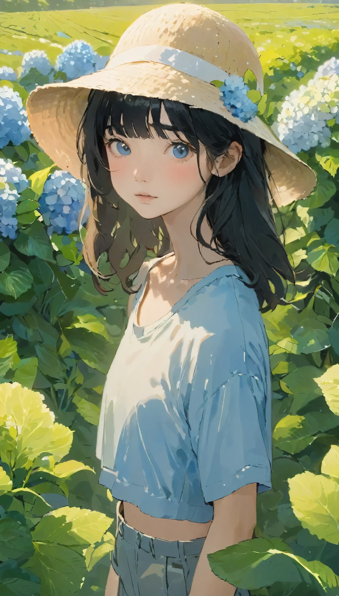 masterpiece,highest quality, 4K,Show Viewer,Very short stature,Expressionless,Crop top,Shorts,Bucket hat,One Girl,Black Hair,Long Hair,iris, alone,Open Field,Bushes,Hydrangea,Close-up shot,