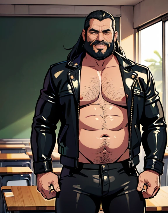 (((1 Fat Only plump chubby extremely thick thighs large belly fat age 50 years old he is bearded long hair, tatuagens pelo corpo inteiro, wears an unbuttoned black leather jacket, wearing only red swim trunks and wearing black motorcycle boots. Carrancudo e cara de homem mal))), He is a biker who stands next to his Harley Davidson motorcycle, Fotografia de corpo inteiro fotografia, (((He is standing inside a classroom teaching a class of students))). (bestiality,realistic:1.37),portrait,studio lighting,vivid colors,soft lighting,barefoot,underbelly,relaxed pose,brightly lit room,cozy atmosphere,happy expression,warm color palette,smiling face,Wide shot of a big fat man with a big fat belly