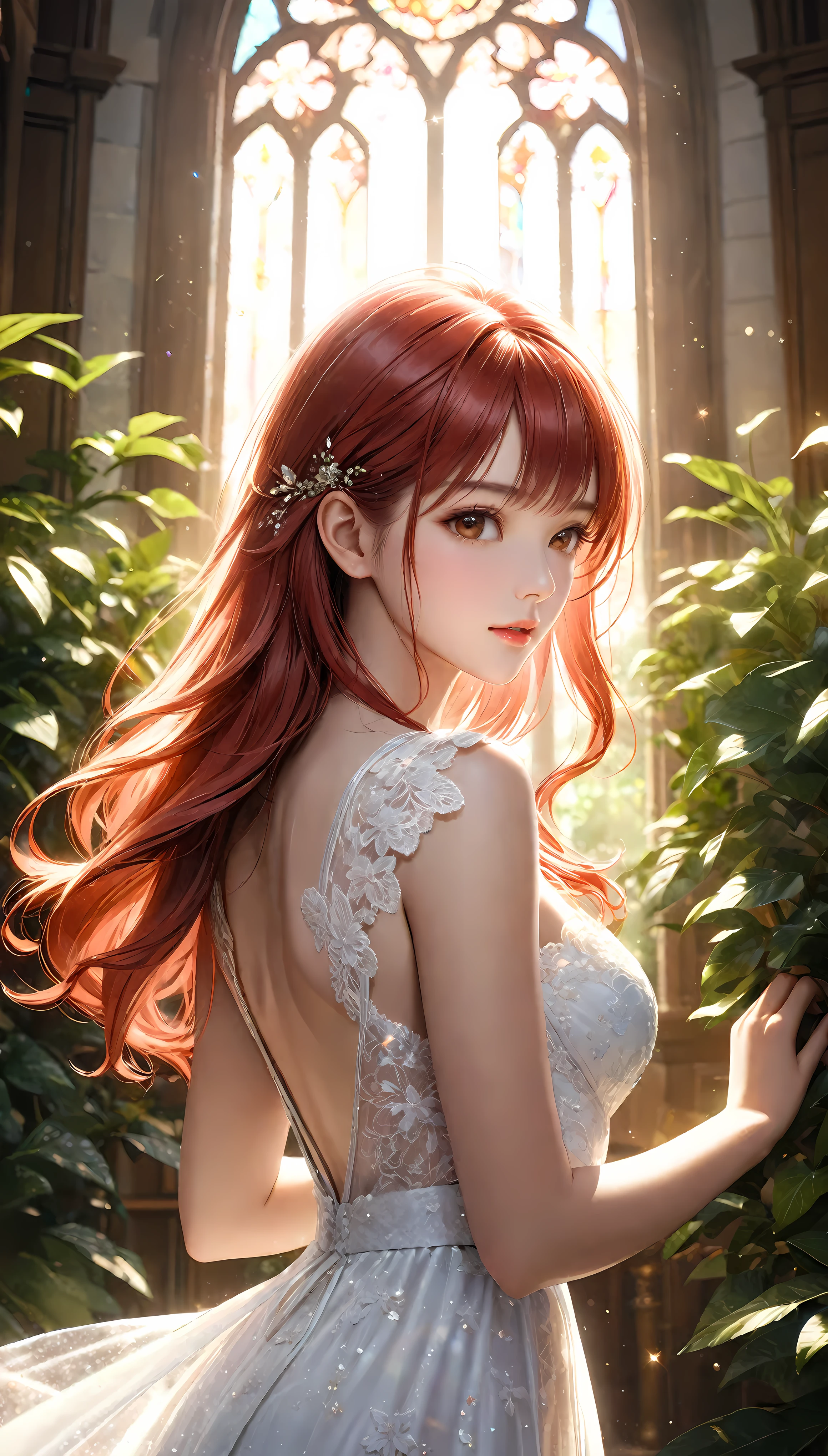 ((Masterpiece in maximum 16K resolution):1.6),((soft_color_illustration:)1.5), ((Ultra-Detailed):1.4),((Movie-like still images and dynamic angles):1.3). | (cinematic illustration of Red hair Supermodel beauty wearing a white lace dress in a Chapel), (Supermodel beauty), (Red Hair), (wearing a white lace dress), (focus on the white lace dress), (cinematic illustration), (chapel with indoor garden), (summer light), (tyndall effect), (Beauty atmosphere), (shimmer), (light reflections), (visual experience),(Realism), (Realistic),award-winning graphics, dark shot, film grain, extremely detailed, Digital Art, rtx, Unreal Engine, scene concept anti glare effect, All captured with sharp focus. | Rendered in ultra-high definition with UHD and retina quality, this masterpiece ensures anatomical correctness and textured skin with super detail. With a focus on high quality and accuracy, this award-winning portrayal captures every nuance in stunning 16k resolution, immersing viewers in its lifelike depiction. | ((perfect_composition, perfect_design, perfect_layout, perfect_detail, ultra_detailed)), ((enhance_all, fix_everything)), More Detail, Enhance.