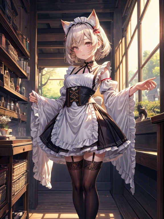 (best quality, masterpiece), (ultra high resolution, 8K RAW photo, photo realistics:1.5, cinematic lighting, textile shading, thin outline, clear focus:1.2), Beautuful Matured woman preparing tea_party in the garden, standing by the round table, serving a cup of tea, leaning forward, (meisen's tea set, tea pot, tea cups, some cakes on dish), delicate and classy French style white table with gold accents and royal_blue, (wearing brown maid uniform:1.5, breast cleavage, maid costume:1.2, long flare skirts, apron, bow ties on the chest), long tall sally, long legs, white hair, (wearing thin-flame glasses:1.2), (milf:1.5, 28 years old, solo), (large breast, sagging breast, big tits, narrow waist), (medium short white hair, hair over one eye, (updo hair:1.2), side lock, asymmetric hair, wavy hair), (fine bright pupils, high detailed eyes with highlight:1.3, high detailed face, Perfect face shape, eye rush), (seductitve smiling, half-closing eyes:1.2), (looking at viewers:1.3), (dutch angle, full body:0.7, from below:1.2), ((correct anatomy:1.5, correct hands)), (ideal ratio of body proportions), (outdoor:1.2, grass field),