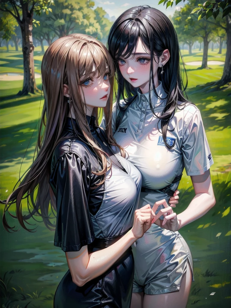 absurdres, RAW photo, extremely delicate and beautiful, masterpiece, Best Quality, ultra high resolution, 32k, hyperrealistic, ultra-detailed, detailed description, perfect anatomy, pale skin, 20 years old, detailed beautiful face and eyes, tearful mole, earring, short medium hair, wavy hair, whole body shot, colossal tits, ((golf uniform)), ((yuri)), (((2 girls))),