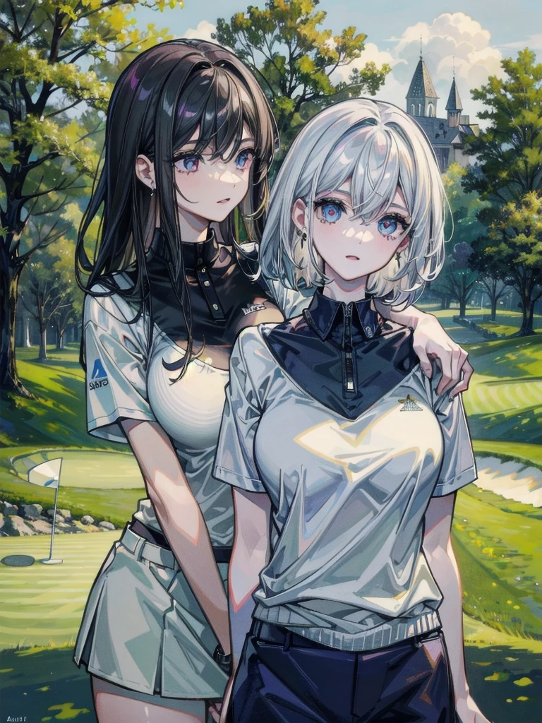 absurdres, RAW photo, extremely delicate and beautiful, masterpiece, Best Quality, ultra high resolution, 32k, hyperrealistic, ultra-detailed, detailed description, perfect anatomy, pale skin, 20 years old, detailed beautiful face and eyes, tearful mole, earring, short medium hair, wavy hair, whole body shot, colossal tits, ((golf uniform)), ((yuri)), (((2 girls))),