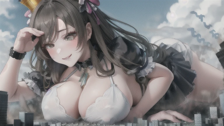 Perfect detail, Special details, highest quality, expensive, 1 Female,A satisfied smile ,round face, View Viewer, Grey Hair, Long Hair, , Partially exposed forehead, Dark brown eyes, Mature Body, Perfect body, Large Breasts, Big Ass, blush, Cleavage, Maid clothes, White apron, Black Skirt, Gold Jewelry,Gold Bracelet,Gold Collar、 Luxurious crown、necklace, Pursing your lips, A light smile, Drunk, expensiveディテール, Depth of written boundary, 1080p, 16k, Awards, High resolution, highest quality, masterpiece, 超High resolution, Anatomically correct, Super detailed,,Huge breasts、Realistic、Perfect bodyライン、aerial photograph、aerial photograph、Destroying the city with a smile、 (A giant girl bigger than a skyscraper destroys the city of Shibuya:1.5)、cute、 body fluid、Eroticism、Maid clothes、cute、Lying on the ground