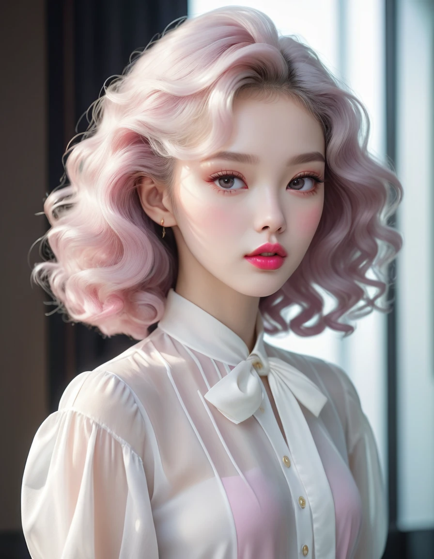 Facing ahead(front view), Perm up hair:1.5,no hat:1.5, pink lips, woman wearing blouse, White skin, artwork in the style of 구웨이즈, soft portrait 8k, pale , pale 피부, Elegant woman with clear skin,