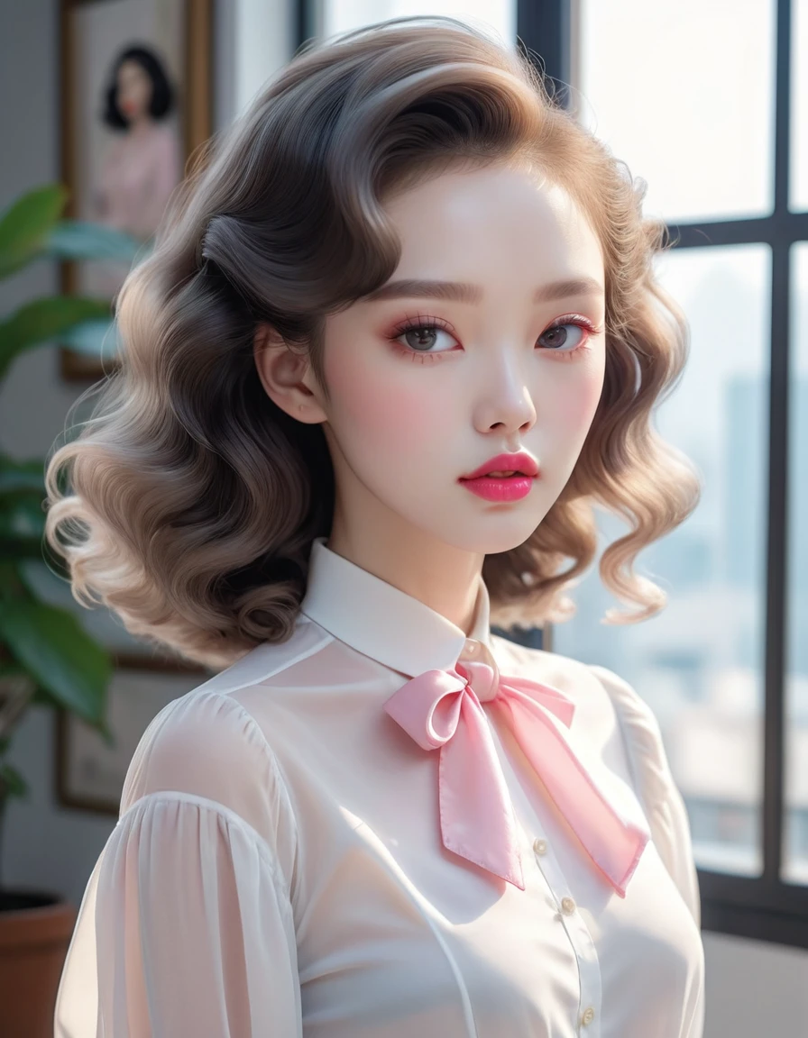 Facing ahead(front view), Perm up hair:1.5,no hat:1.5, pink lips, woman wearing blouse, White skin, artwork in the style of 구웨이즈, soft portrait 8k, pale , pale 피부, Elegant woman with clear skin,