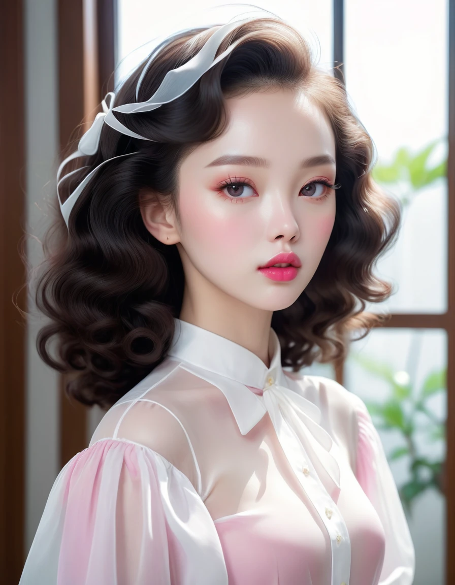 Facing ahead(front view), Perm up hair:1.5,no hat:1.5, pink lips, woman wearing blouse, White skin, artwork in the style of 구웨이즈, soft portrait 8k, pale , pale 피부, Elegant woman with clear skin,
