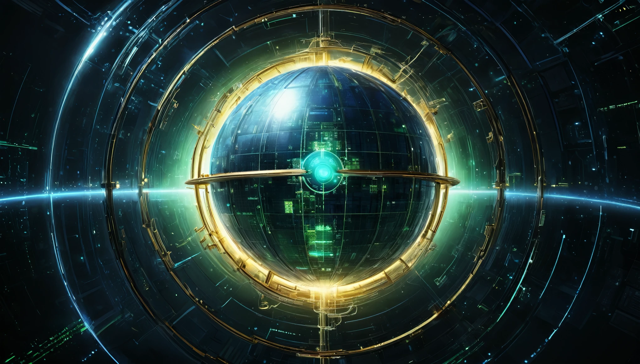 A futuristic digital globe centered on a high-tech interface, representing a modern data network. The globe is composed of dark blue gridlines with pixelated landmasses in green and gold, illuminated by a soft, ambient light. Surrounding the globe is a circular array of glowing golden lights, reminiscent of a technological hub or server. The background features a dark, abstract digital landscape with numerous vertical, glowing blue and green light bars, creating a sense of depth and connectivity. The overall atmosphere is sleek, high-tech, and sophisticated, highlighting the integration of global data and technology.
