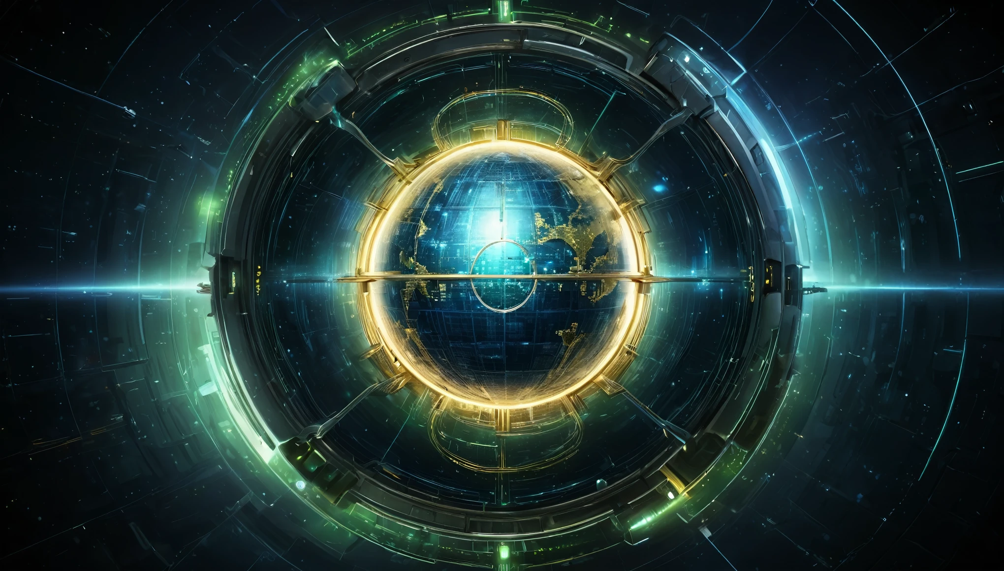 A futuristic digital globe centered on a high-tech interface, representing a modern data network. The globe is composed of dark blue gridlines with pixelated landmasses in green and gold, illuminated by a soft, ambient light. Surrounding the globe is a circular array of glowing golden lights, reminiscent of a technological hub or server. The background features a dark, abstract digital landscape with numerous vertical, glowing blue and green light bars, creating a sense of depth and connectivity. The overall atmosphere is sleek, high-tech, and sophisticated, highlighting the integration of global data and technology.