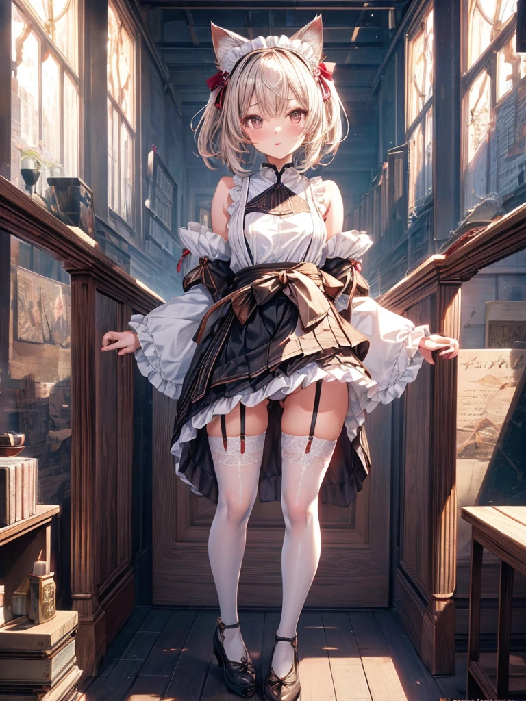 no nsfw, no extra skin showing, ((best quality)) ((best quality)), ((masterpiece)), (detailed), symmetrical face, 4k image, anime style, realistic illustration,(unreal engine),(GoPro),(insanely detailed),perfect shading,(digital art),(ray tracing),(intricate detailed),creative refinement,(dark atmosphere), beautiful dainty midget young girl, fair caramel skin, short shoulder-length hair, short height(145cm), beautiful fair white skin, pale blonde hair, small cherry pink lips, olive brown eyes, dainty toned body, delicate and cute expression, black Japanese maid uniform, white apron, knee-high white stockings, small garter belt, closed shoes, full body-image,, cat ears, small cat tail protruding underneath skirt, dainty modestly curvaceous body, standing up and bowing in respectful posture, Gothic medieval backgroun