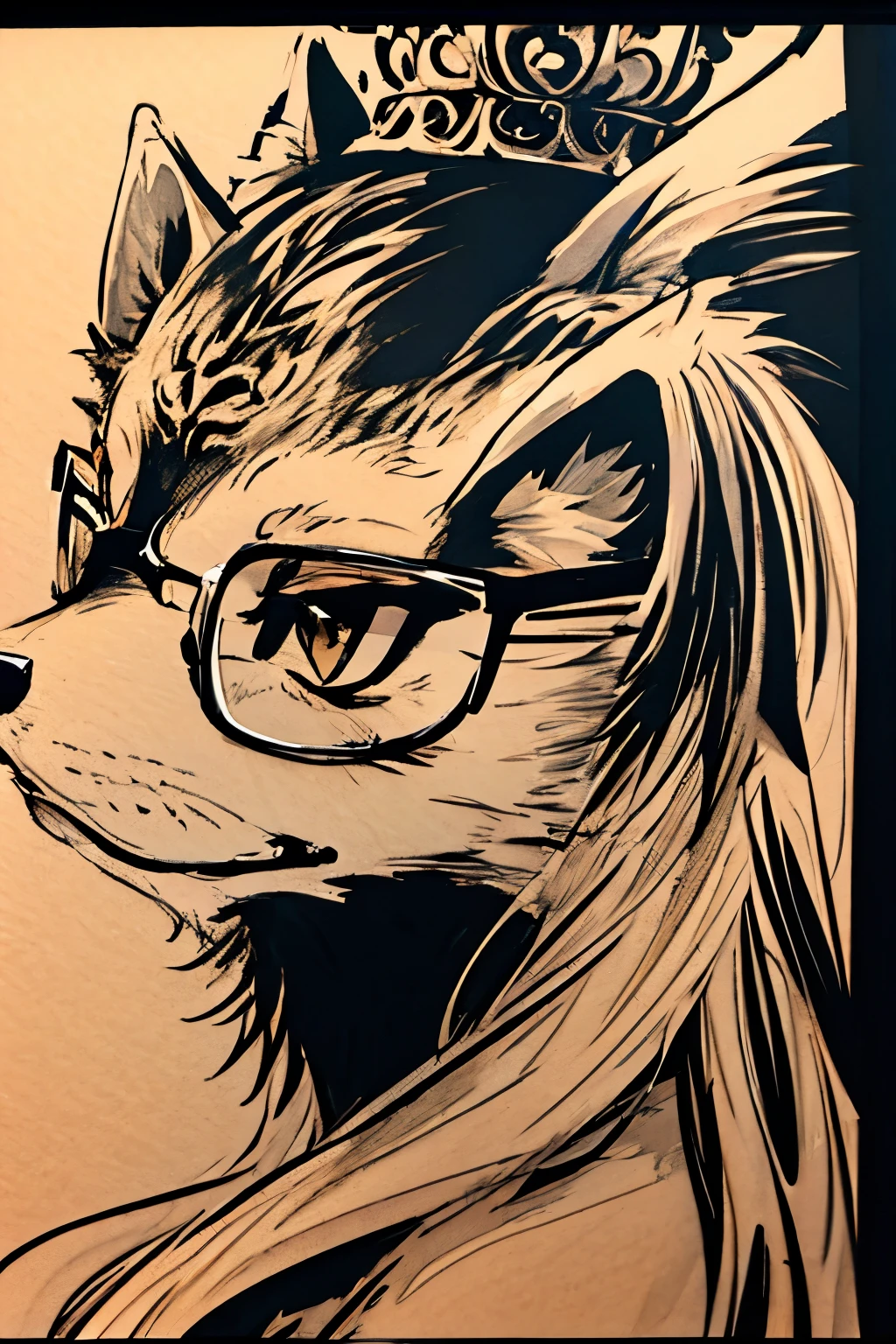 A black and white silhouette of a wolf head inside a circle. The wolf head is wearing a crown and stylish glasses, looking to the side.