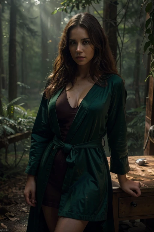 (best quality,4k,8k,highres,masterpiece:1.2), ultra-detailed, (realistic,photorealistic,photo-realistic:1.37), HDR, UHD, studio lighting, extreme detail description, professional, vivid colors, bokeh, women's hero, brown curly hair, wearing dark green bath robe, confident, heroic pose, vibrant background, greenery, dynamic action, intense expression, atmospheric lighting, surreal, bold strokes of paint, intense shadows and highlights, mysterious ambiance, epic scene, and lives with pet wolf in woods