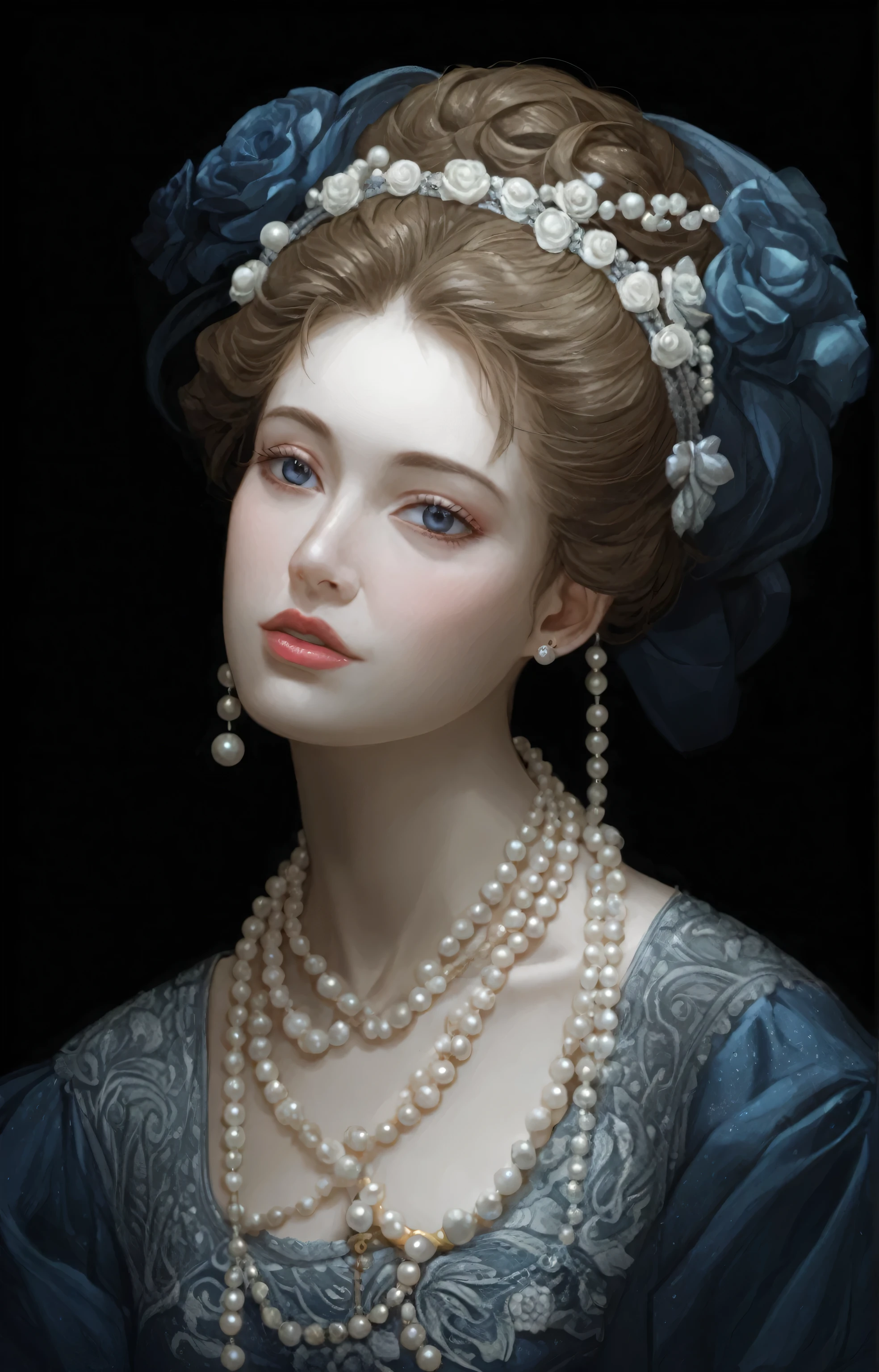 a close-up of a woman wearing pearls and a blue dress, girl with a Pearl Earringl, pintura digital barroca, senhora elegante com pele de alabastro, Jinna Zhang, Retrato muito bonito, elegante pintura digital, Pearl Earring, por Russell Dongjun Lu, bela imagem de retrato, retrato renascentista realista, Pintura Digital Renascentista, retrato elegante, 8K HD Detailed Oil Painting