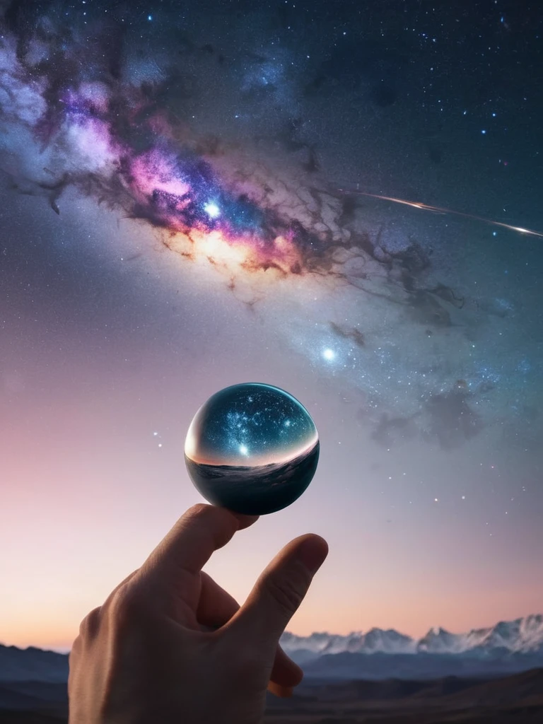 upon his fingertip is poised an entire world, fragile and beautiful, background is the cosmos,