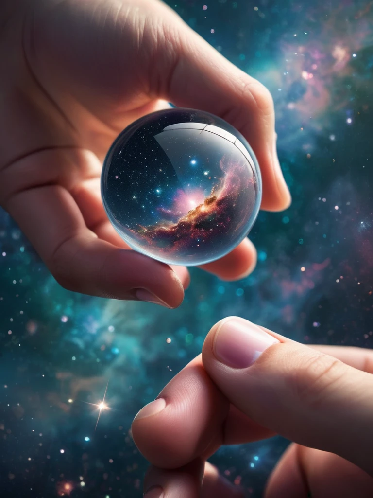 upon his fingertip is poised an entire world, fragile and beautiful, background is the cosmos,
