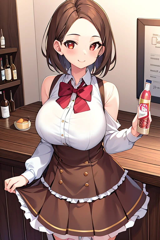 1girl, forehead, large breasts, skirt, brown skirt, bar, brown hair, short hair, smile, standing, mature female, layered skirt, sleeveless, long shirt, bowtie, bow, bubble skirt, holding bell,