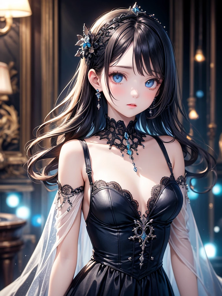 (master piece),(4k),high quality,flat chest,1girl,long silver hair,pale skin,beautiful detailed blue eyes, (Highly detailed elegant), Magical colors and atmosphere, Detailed skin,The background is soft and blurry, Depth of written boundary,lens flare, Bokeh, Silky to the touch, Hyper Detail,visually rich,focus on blue,black and blue victorian gothic dress,in gothic room