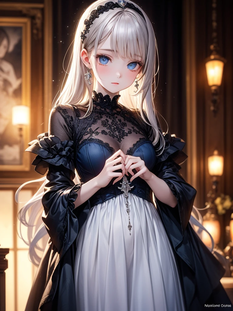 (master piece),(4k),high quality,flat chest,1girl,long silver hair,pale skin,beautiful detailed blue eyes, (Highly detailed elegant), Magical colors and atmosphere, Detailed skin,The background is soft and blurry, Depth of written boundary,lens flare, Bokeh, Silky to the touch, Hyper Detail,visually rich,focus on blue,black and blue victorian gothic dress,in gothic room