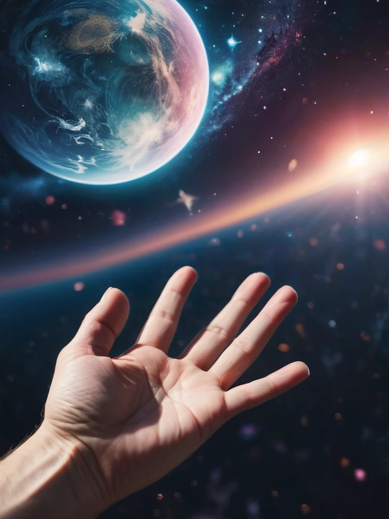 upon his fingertip is poised an entire world, fragile and beautiful, background is the cosmos,

