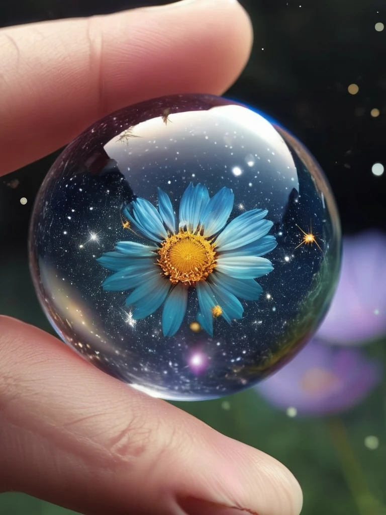 upon his fingertip is poised an entire world, fragile and beautiful, background is the cosmos,